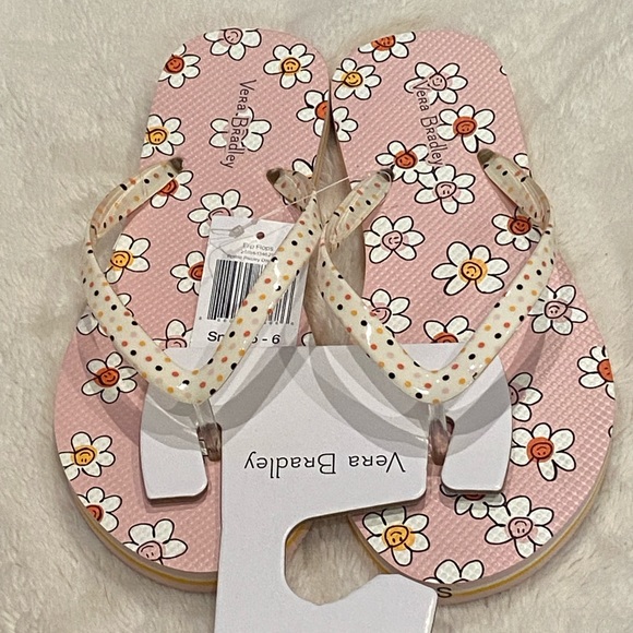 Vera Bradley Prairie Paisley Daisy Pink Smileys Flip Flops Sandals Size 5-6 NWT - Picture 3 of 6